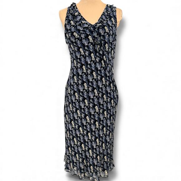 EVA BLUE Vintage Dark Floral Chiffon Midi Dress 12 DarkFairy Coquette Whimsigoth - Picture 1 of 6